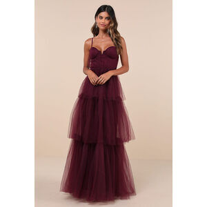 Lulus Unforgettable Poise Plum Purple Tulle Bustier Tiered Maxi Dress - Size L